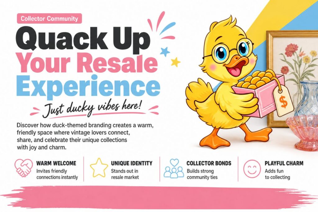 Cute yellow duck mascot smiling with vintage glassware and collectibles in background