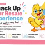 Cute yellow duck mascot smiling with vintage glassware and collectibles in background